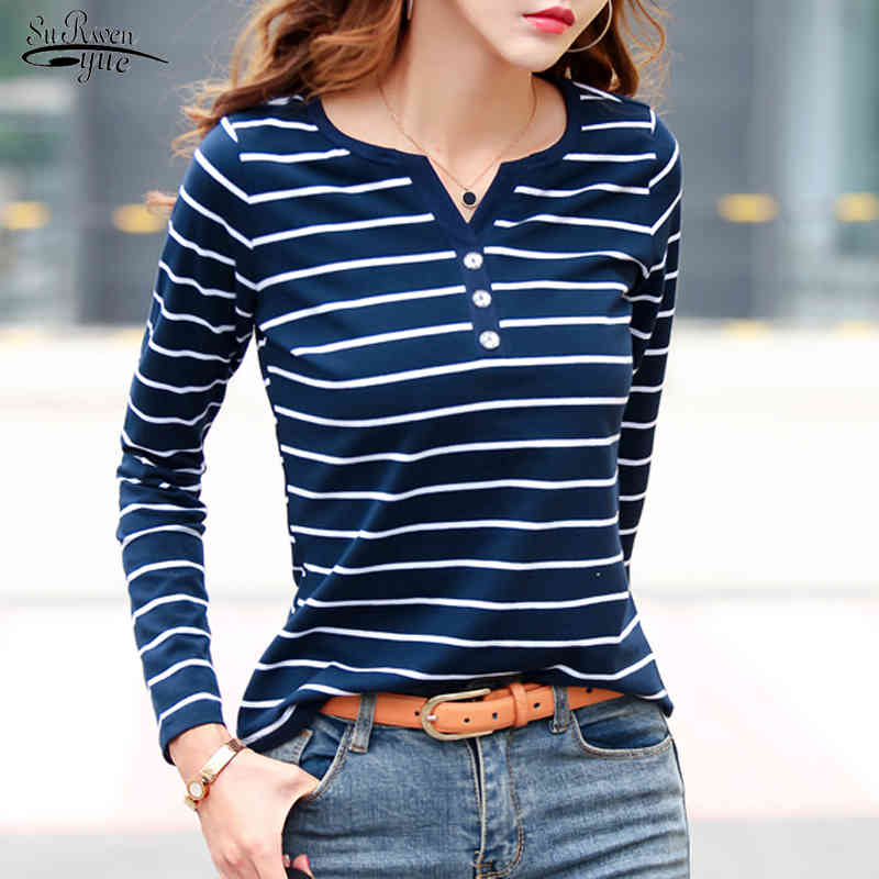 

Cotton Shirts Women Long Sleeve Striped Shirt Spring Autumn Female Clothing Fashion Tops Lady V-neck Plus Size Blusas Mujer 7215 210521, Gray