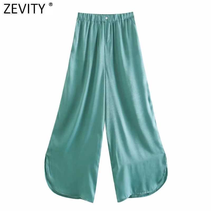 

Zevity Women Vintage Solid Color Glossy Elastic Waist Casual Wide Leg Pants Retro Femme Chic Hem Split Long Trousers P1015 210603, Xqj p1015l