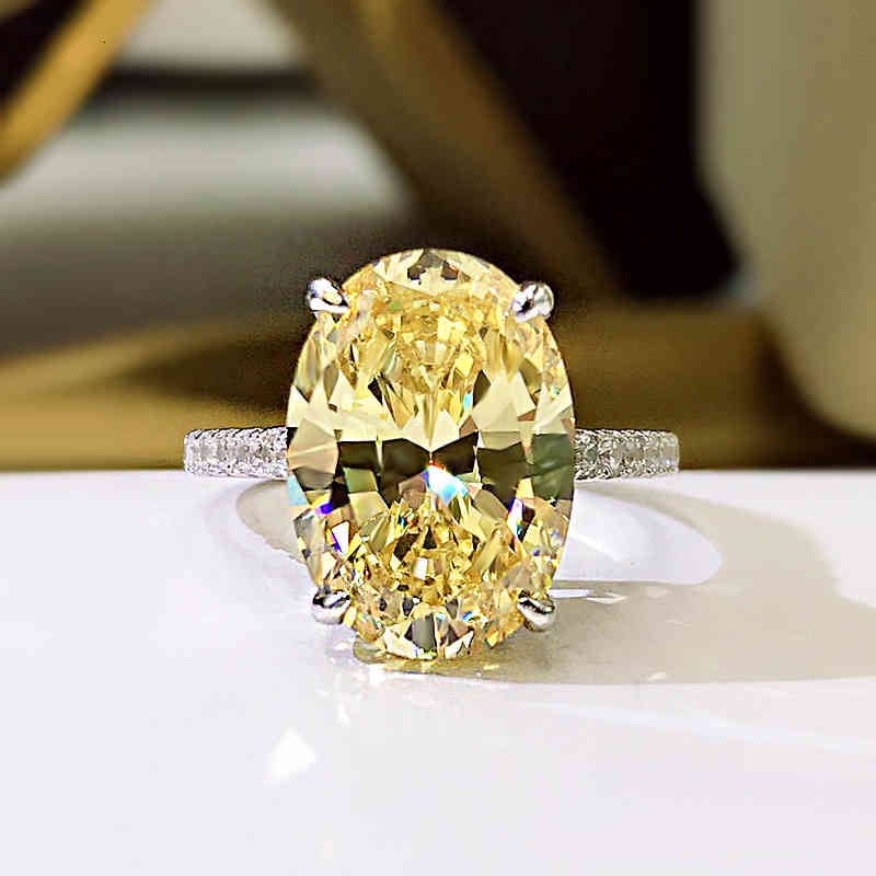 Longlong Gold S925 Silver High Carbon Diamond Oval 9 * 13 Yellow White Powder Simple Redian Cutting Ring-image-742796774