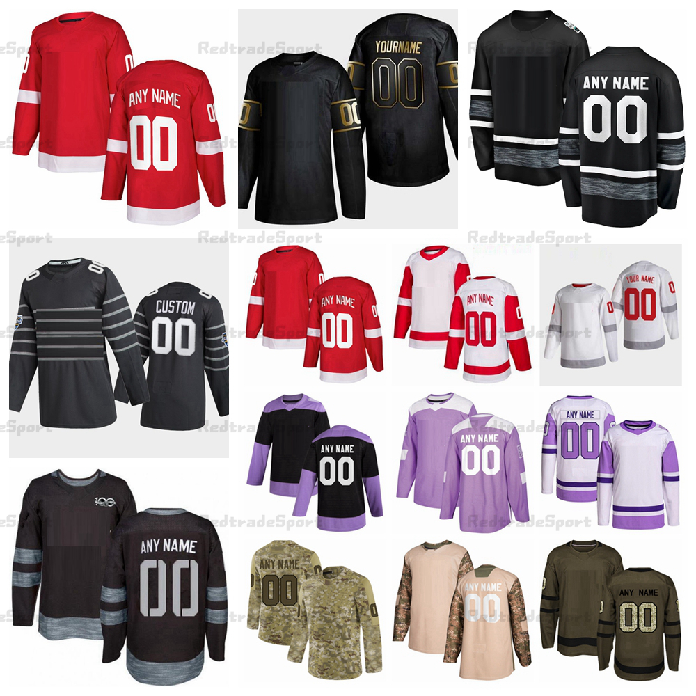 

Customize 2021 Reverse Retro Jakub Vrana Robby Fabbri Hockey Jerseys 2 Nick Leddy Greiss Gagner Nedeljkovic Dekeyser Camo Veterans Day Fights Cancer Purple Shirts, Black 2019