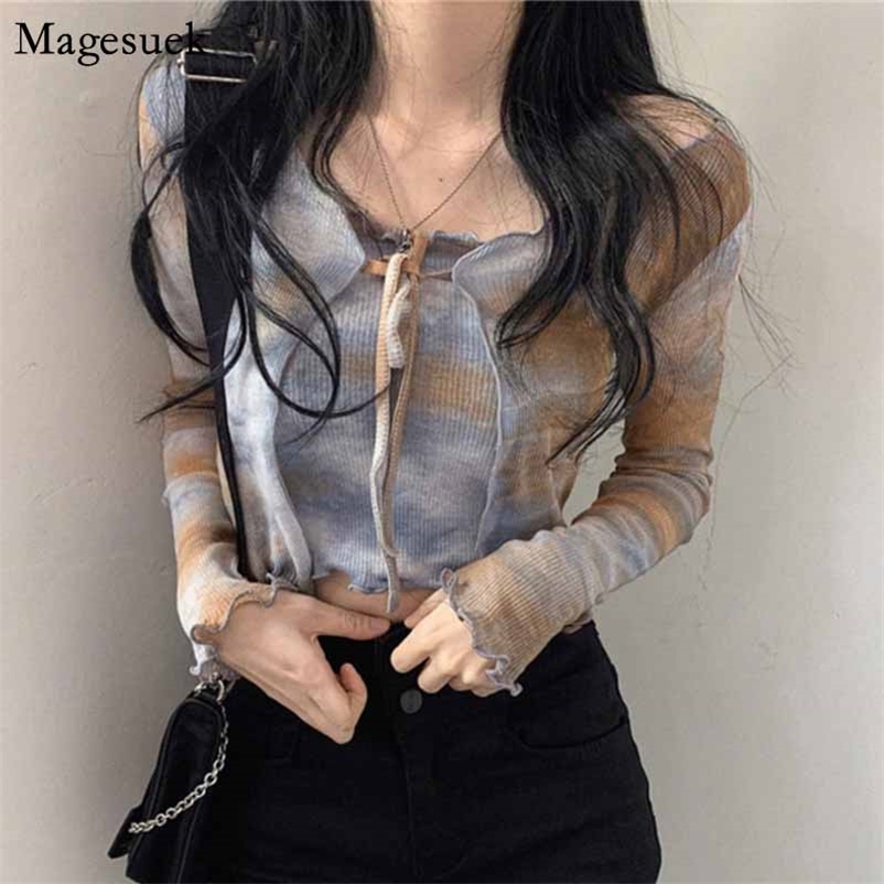 

Women Sexy V-Neck Long SleeveTie Dye Blouse Female Top Summer Casual Lace Up Lady's Blouse+Camis Chemisier Femme 10372 210518, Green