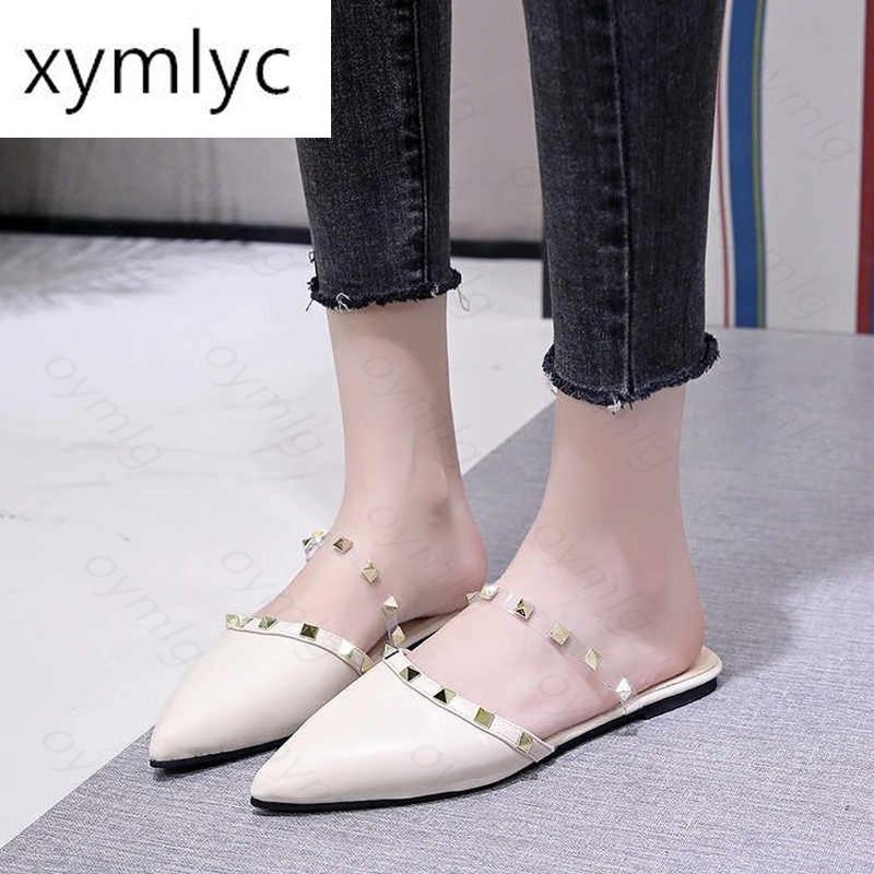 

Rivet Women Slippers Leather Shoes 2021 Summer Sexy Clear Transparent Ladies Pointed Toe Female Slides, Black