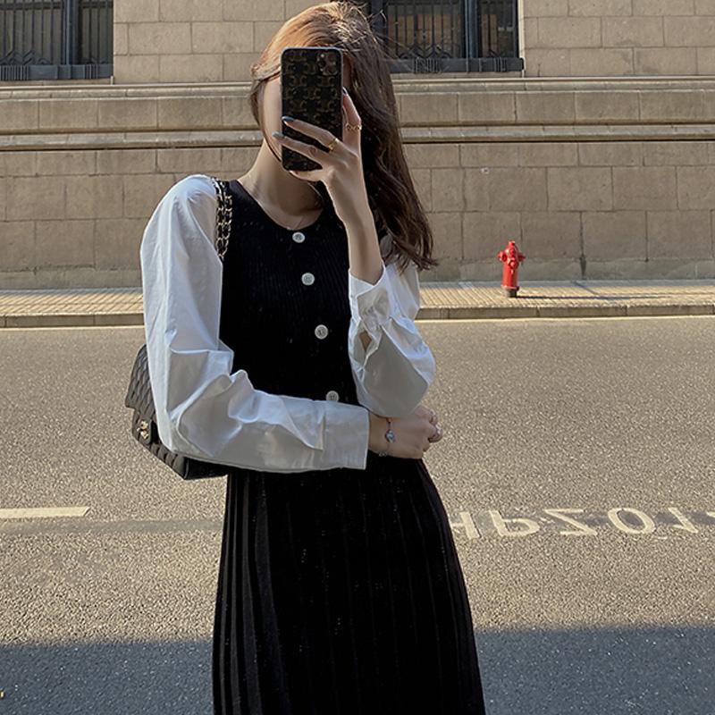 

Autumn Woman Pleated Dress One-Piece Sweater Women Winter Patchwork Knitted Pullover Office Slim Midi Robe Casual Dresses, Black;gray