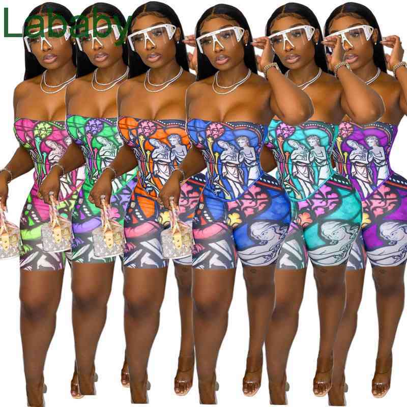 

Designer Women Two Pieces Pants Slim Sexy Recommended Oil Painting Printing Summer Breast Wrapping Mesh Print Tight Pants Bodysuit, Shorts style