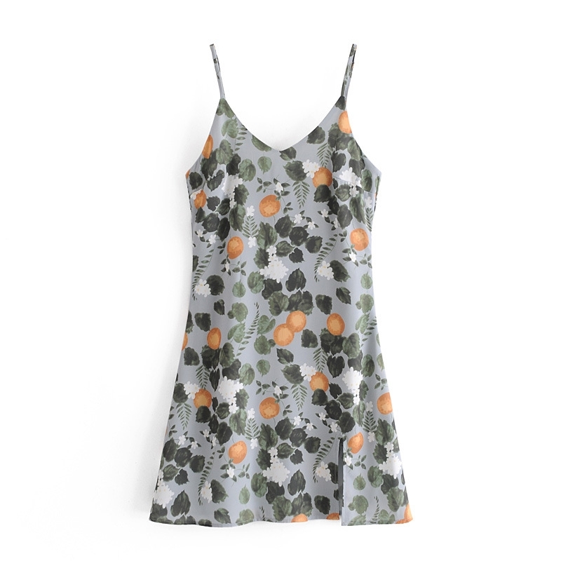 

Spring Summer Women Sexy V Neck Solid Color Dress Women' Print Hem Split Strap Mini 210607, Picture