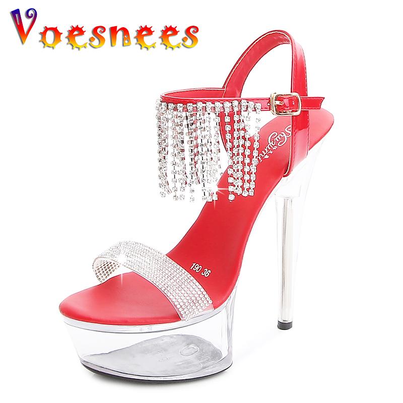 

Voesnees Large Size 43 Women Shoes Platform Sandals High Heels17cm Catwalk Model Sexy Transparent Crystal Wedding, Black