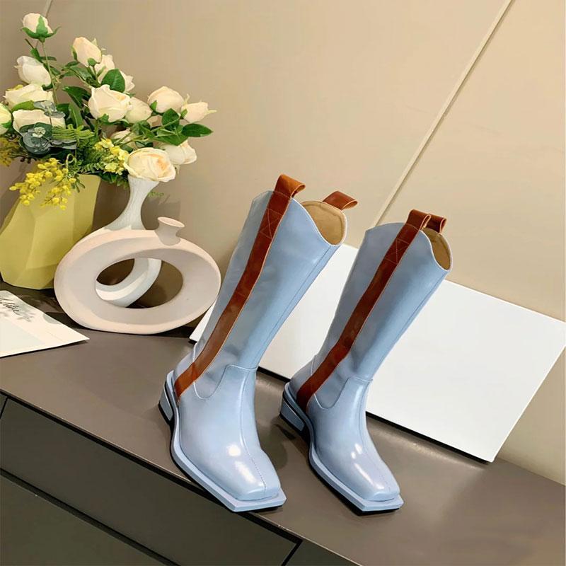 

Boots DEAT 2021 Autumn And Winter Fashion Casual Square Toe Back Zipper Slope Heel Leather Single Shoes Women SG119, Sky blue