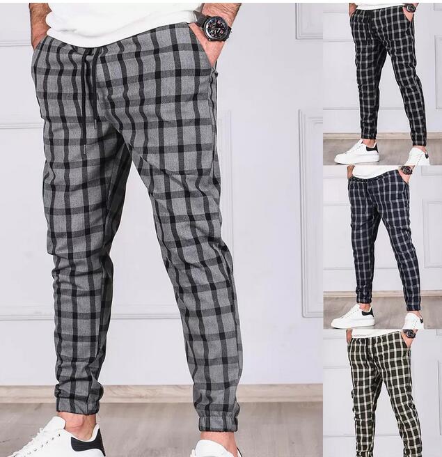

Streetwear plaid striped Elastic Waist trousers jogging pants Casual Jogger Sweatpants, Dark gray