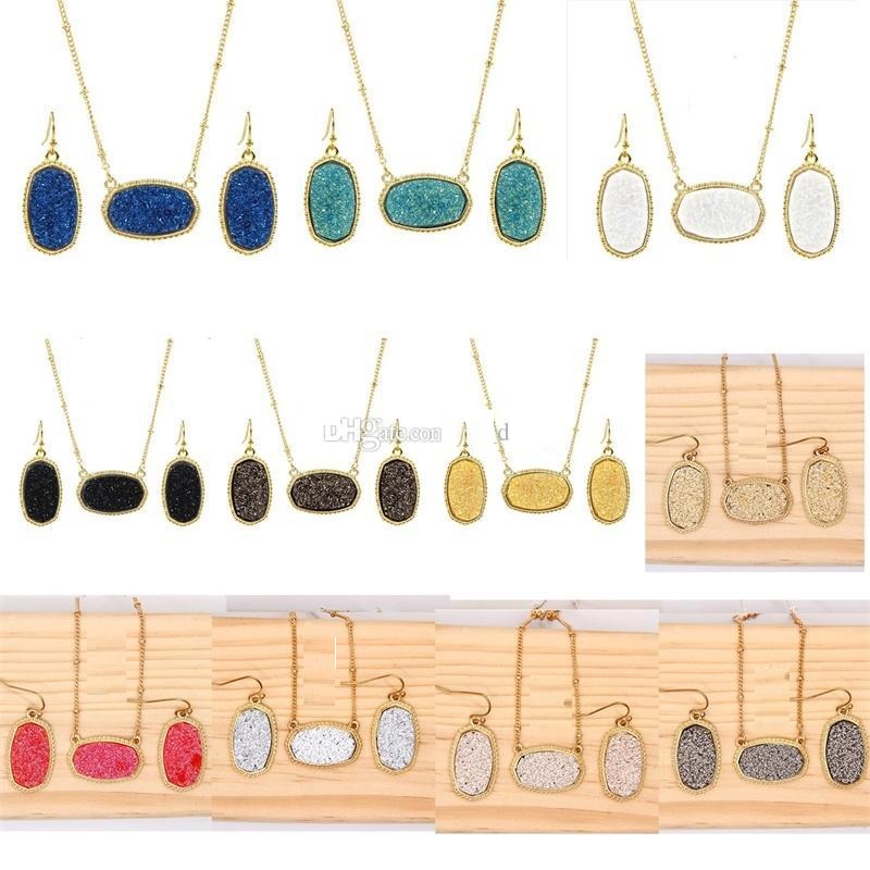

Gold Silver Plated Drusy Druzy Necklace Style Drop Earrings Jewelry Set Resin Glitter Choker for Women, As picture