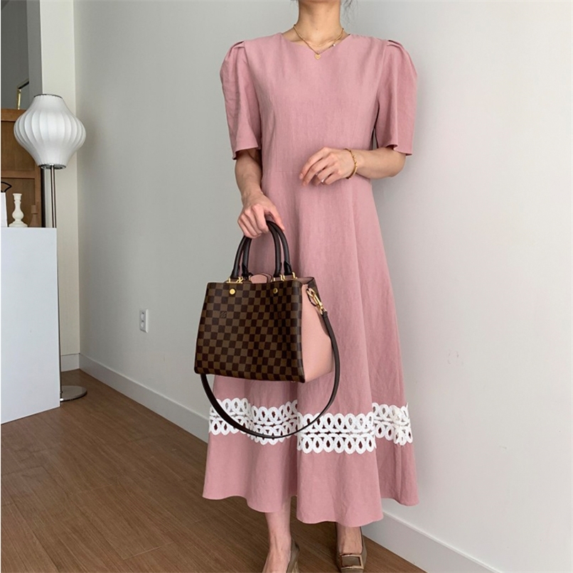 

Elegant Lace Embellishment A-line Mid-length Dress for Women Summer Short Sleeve Slim High-waisted 210602, Pink