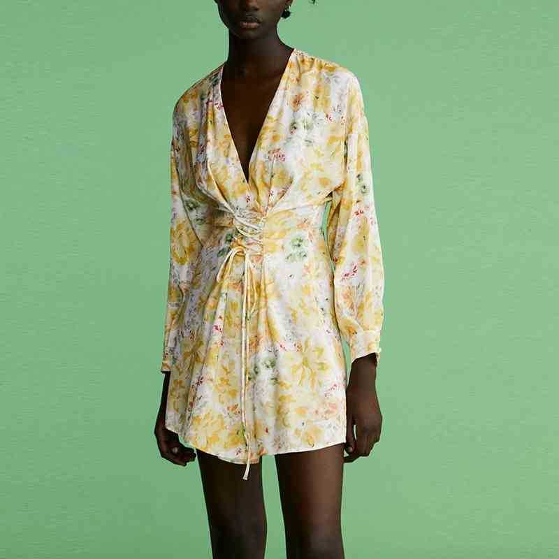 

Fashion Lace Up Floral Puff Sleeve Dress Spring Elegant Deep V neck A-line Mini Party Women Vacation 210525, Yellow