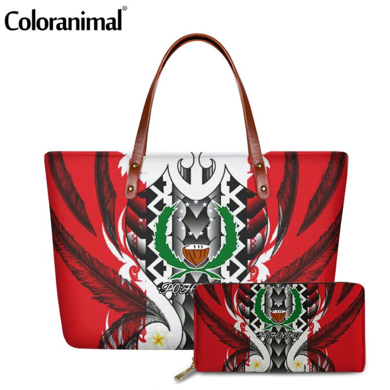 

Evening Bags Coloranimal Fashion PU Leather Top-Handle Bag For Women Pohnpei Polynesian Plumeria Prints Female Shoulder 2Pcs Handbag