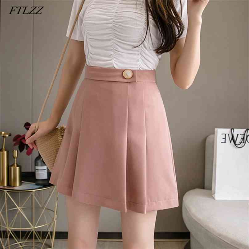 

FTLZZ High Waist Women Mini Pleated Skirt Casual Spring Summer Female Singel Button Short s Ins Ladies Black Pink 210629, Beige
