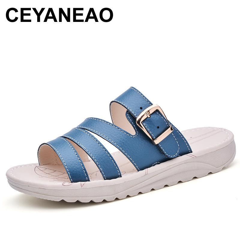 

Sandals CEYANEAO Genuine Leather Women's Summer Beach Flat Shoes Gladiator Sneakers Casual Woman Occasion Flip Flop Shoe, Black