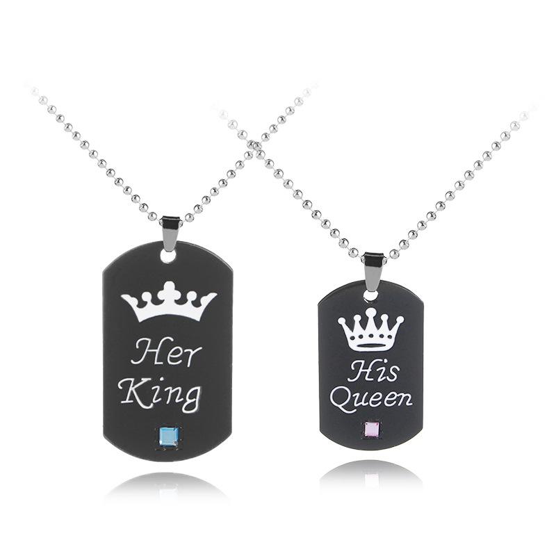 Pendant Necklaces 2021 2 Pieces / Set Couple Necklace Her King His Queen Black Crystal Crown Jewelry Charm-image-709784307