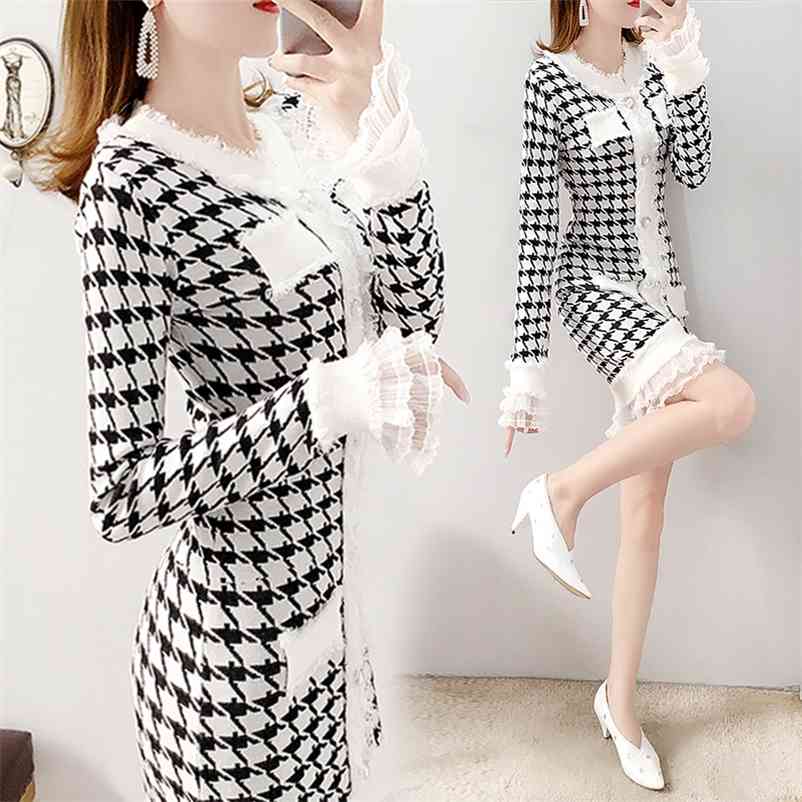 

Basement knitted dress female autumn and winter self-cultivation with houndstooth temperament outfit 210603, Clear