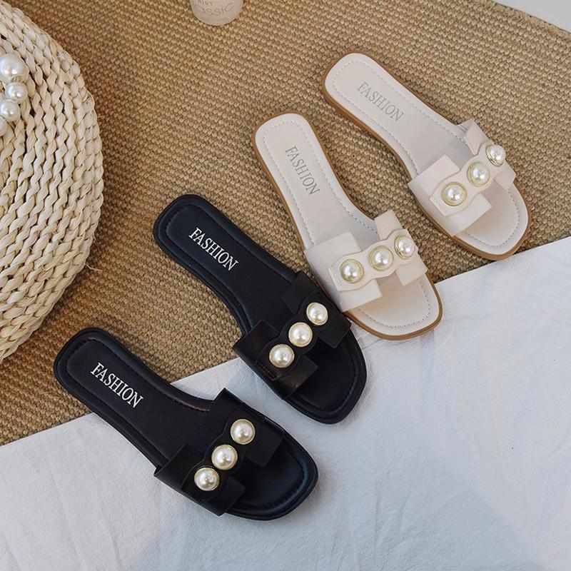 

Slippers Women Fashion Pearl Design Elegant Flat Shoes 2021 Sell Well Korean Version Beige Low Heel Ladies Flip Flop Casual Q068, Beige white