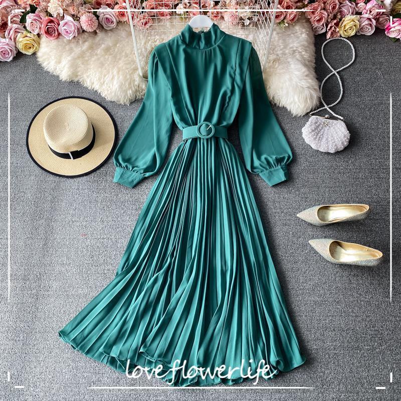 

Spring Autumn Vestidos Collect Waist Stand Collar Pure Color Comfort Dress Women Elegant Dresses Lantern Sleeve Fashion Outwear 210521, Purple