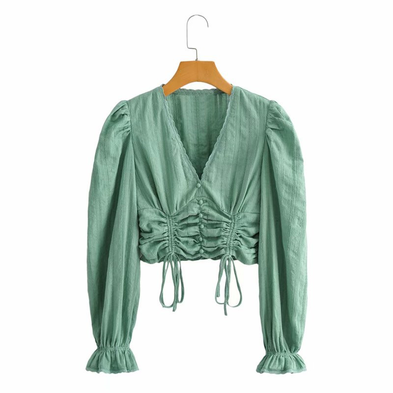 

Women' Knits & Tees Women Fashion Drawstring Pleated Waist Za Green Short Shirts Female Casual V-Neck Long Lantern Sleeve White T