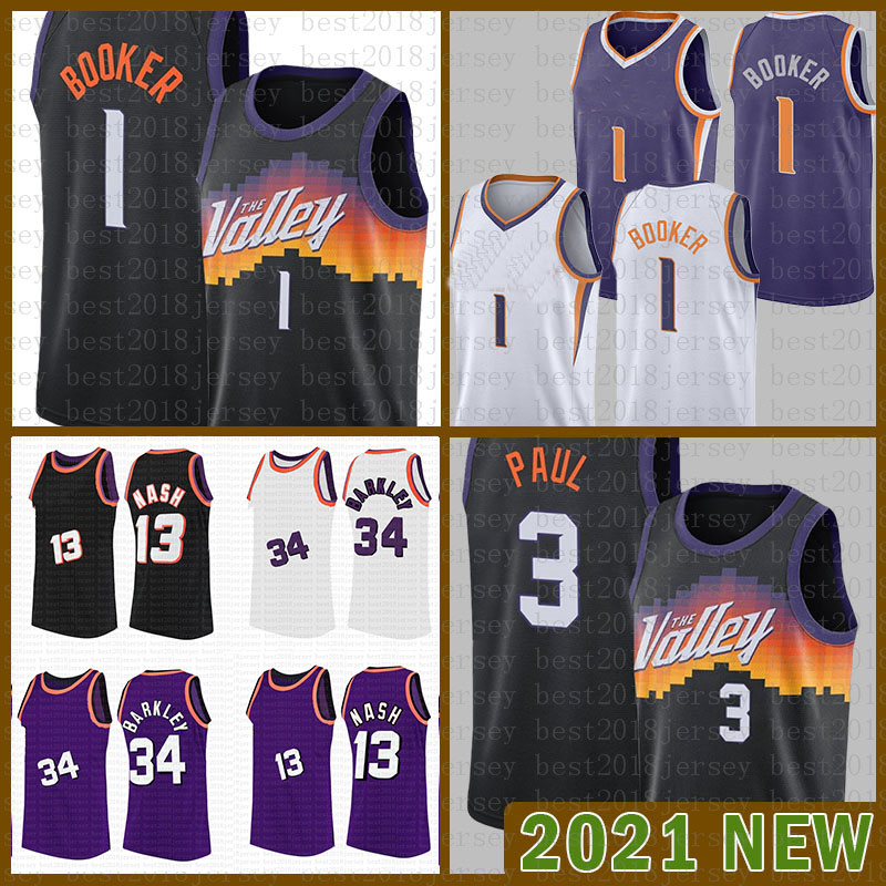 

2021 New Basketball Jersey Mens Devin 1 Booker Chris Steve 13 Nash 3 Paul Charles 34 Barkley Green jerseys, Mens-jersey