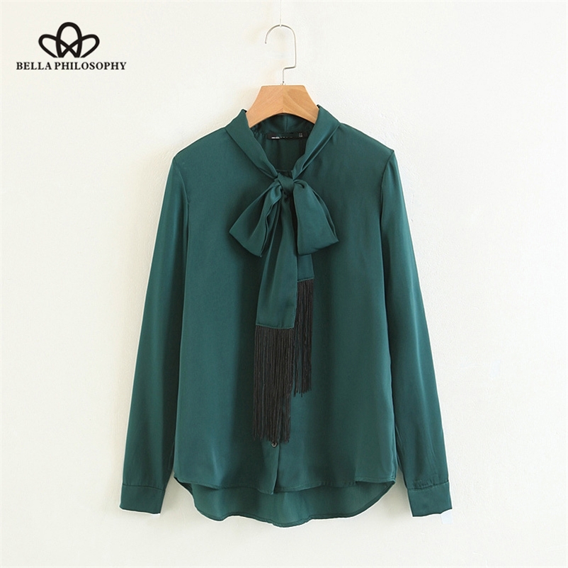 

Blusas Feminina Arrival Bow Tassel Chiffon Blouse Casual Slim Solid Shirt Women Long Sleeve Summer Top 210519, Green