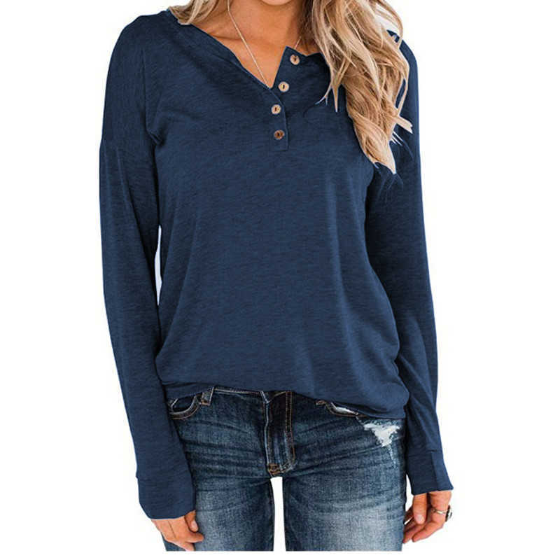 

Plus Size Long Sleeve Women T-Shirts Casual Solid Color V Neck Buttons Loose Female Tee Tops Autumn Spring Pullover T Shirts 210526, Purple