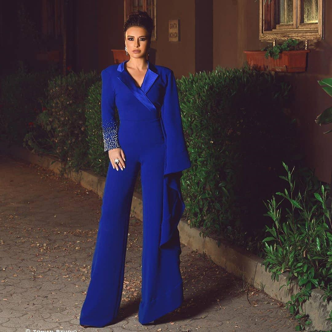 

Modern Arabic Royal Blue Formal Evening Dresses Jumpsuits For Women Pearls Beaded Long Sleeve V-Neck Prom Dress Special Occasion Gown Custom Made, Same as picture