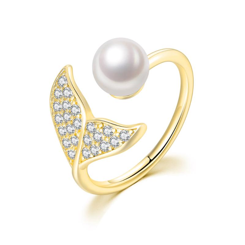 

Cluster Rings Delicate For Women Whale's Tail Shaped Imitation Pearl Fairy Tale Jewellry Zircon Gold Color Fashion Jewelry R203, Golden;silver