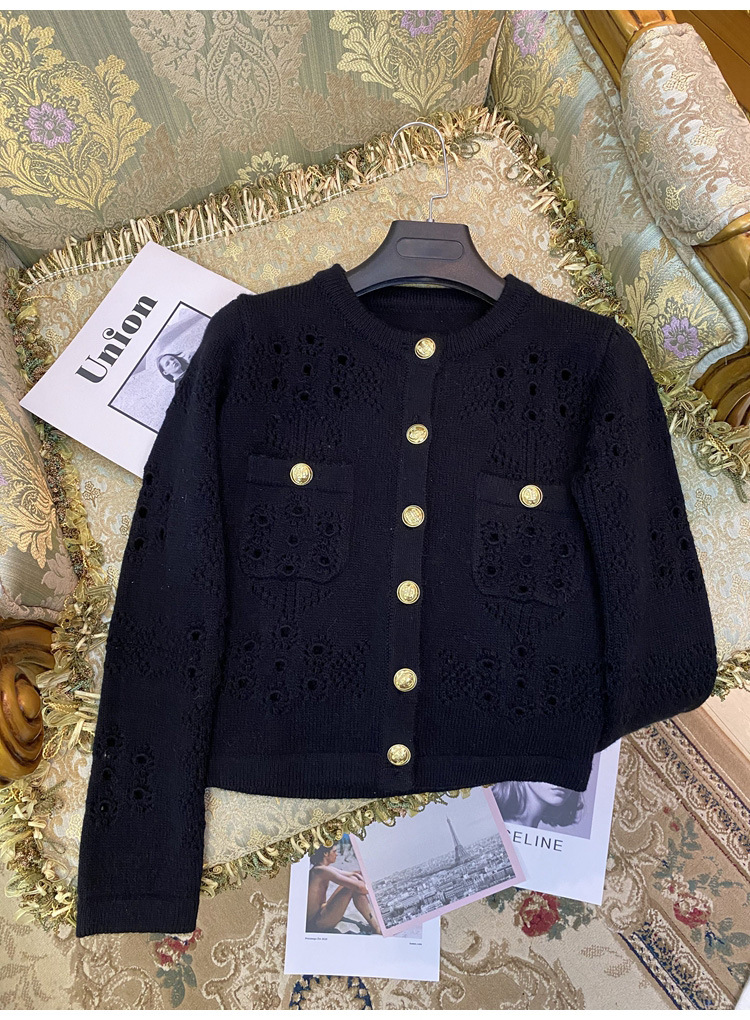 

2021 Autumn Black Womens Sweater Hollow Out Women' Cardigans Designer Metal Buttons Knitting Women Sweaters 72437