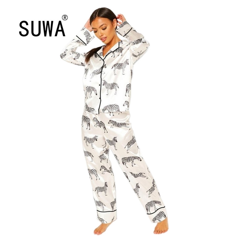 

Autumn/Spring Sexy Women 2-Piece Set Full Sleeve V-Neck Tops Straight Pants Loose Soft Home Matching Sets Nightwear 210525, Pink