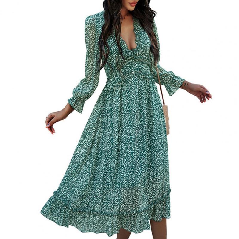 

Casual Dresses Summer Dress Printed Sexy Deep V Neck Women Ruffles Large Hem Long Sleeve Plus Size High Waist For Beach, Green
