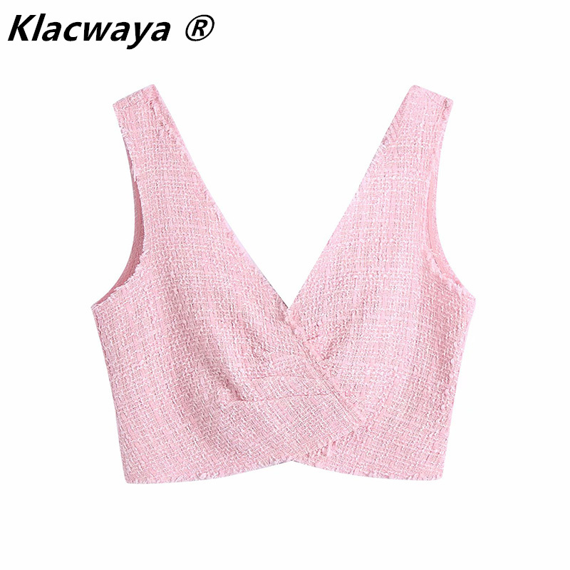 

Women Fashion V Neck Texture Tweed Short Vest Blouse Female Chic Casual Pleat Design Shirt Crop Blusas Summer Tops 210521, Pink