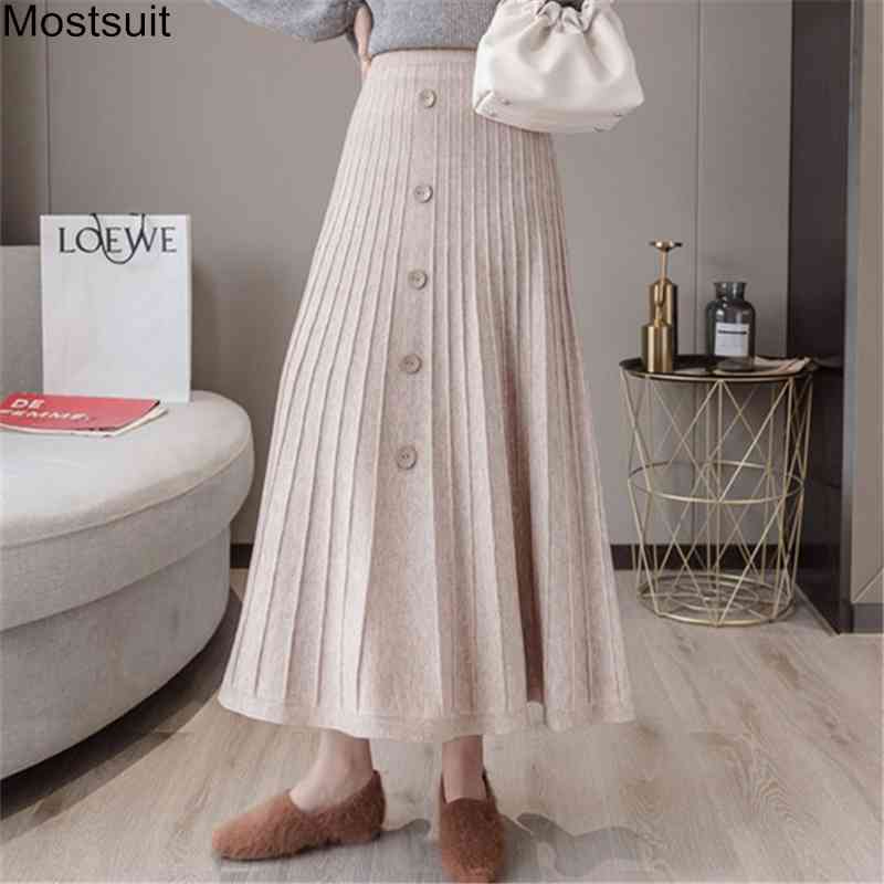 

High Waist Buttons Knitted Striped A-line Long Pleated Skirts Women Autumn Winter Elastic Korean Casual Female 210518, Apricot