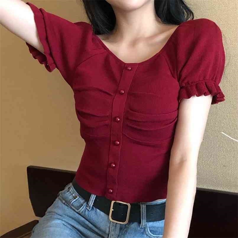 

JMPR Knitted T Shirt Summer Square Collar Short Sleeve Buttons Cropped Tees Casual Ruffles Solid Pullover Female Tops 210708, Burgundy