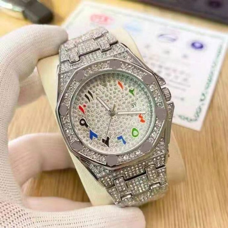 

High Quality Famous Mens Shinning Diamond Iced Out Watch Stainless Steel Men Quartz Movement montre Wristwatch Gift Party Clock, Slivery;brown