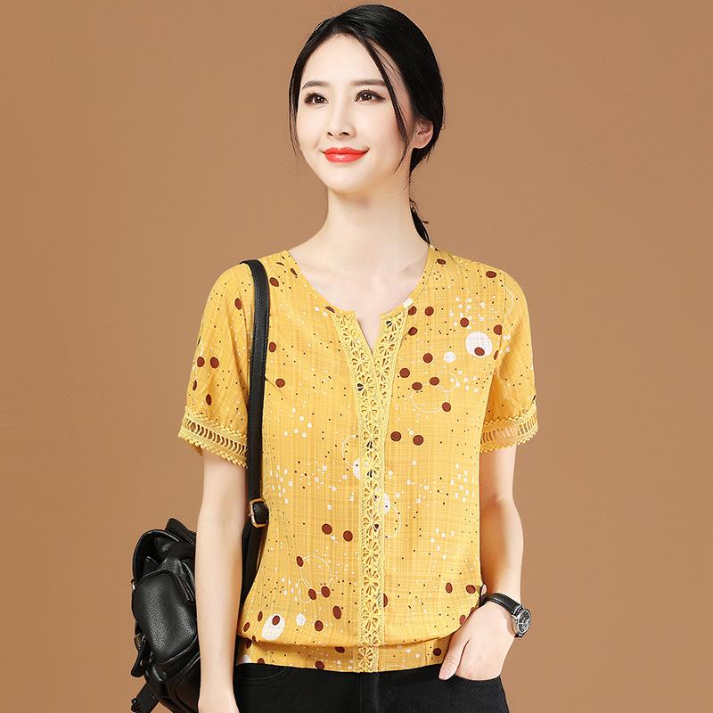 

Women's Blouses & Shirts ALIXMAN V-neck Polka Dot Short Sleeve Chiffon Shirt Summer Golden Thin Casual Top, Gold