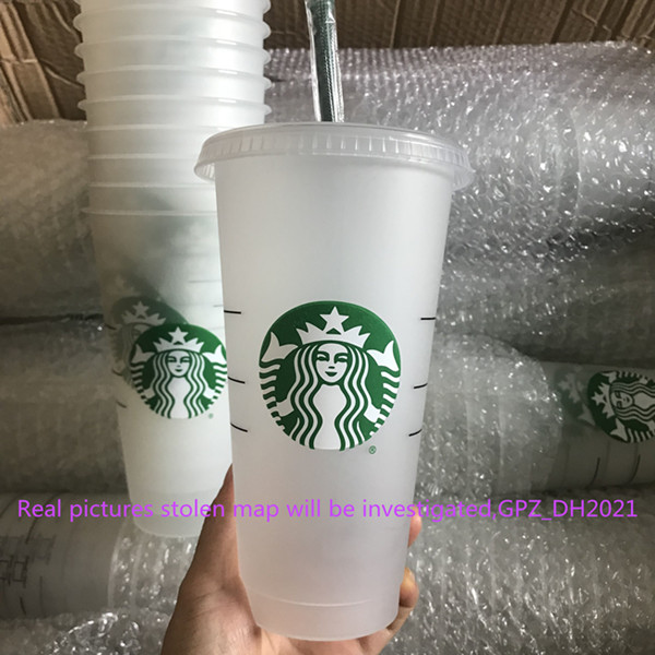 

Starbucks 24OZ/710ml Plastic Tumbler Reusable Clear Drinking Flat Bottom Cup Pillar Shape Lid Straw Mug Bardian 50pcs DHL, Note color and type
