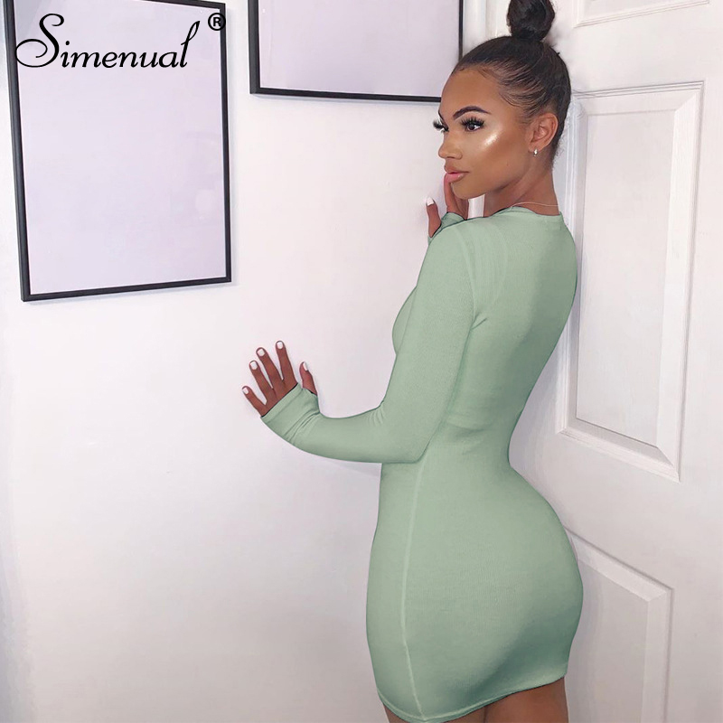 

2021simenual long sleeve ribbed bodycon women party dresses autumn winter 2021 fashion skinny solid mini dress o-neck clubwear, Black;gray