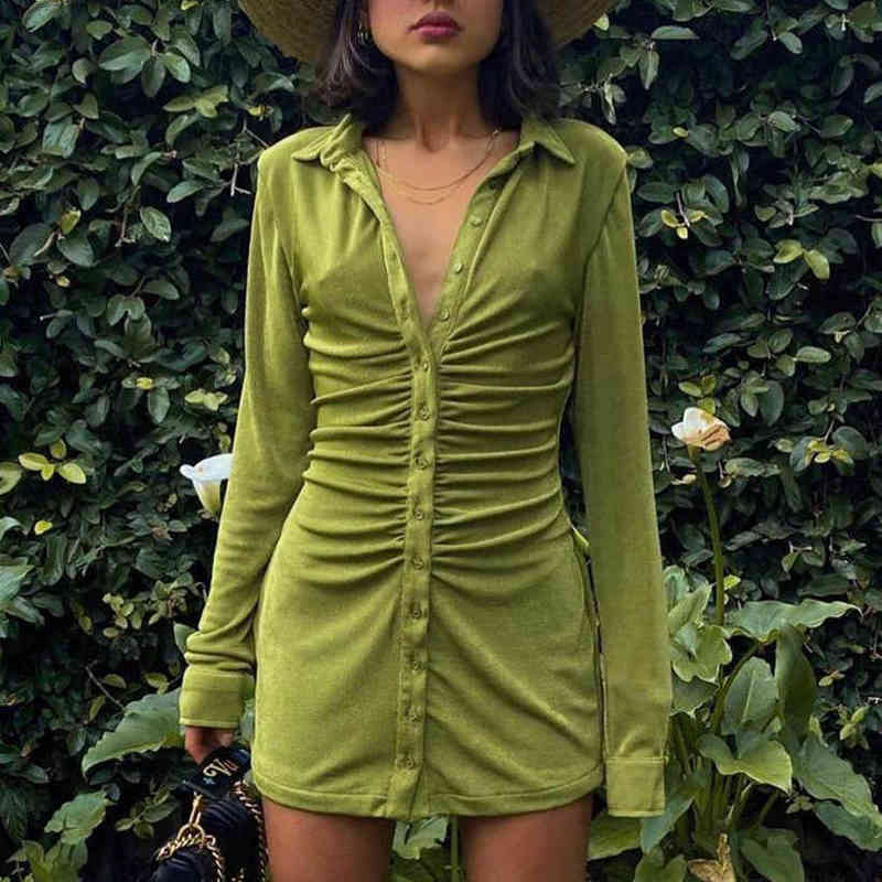 

Women Ruched Shirt Dresses Turn Down Collar Long Sleeve Slim Mini Dress Sexy Party Club Solid Green Bodycon Dresses Vestidos G1223, Purple