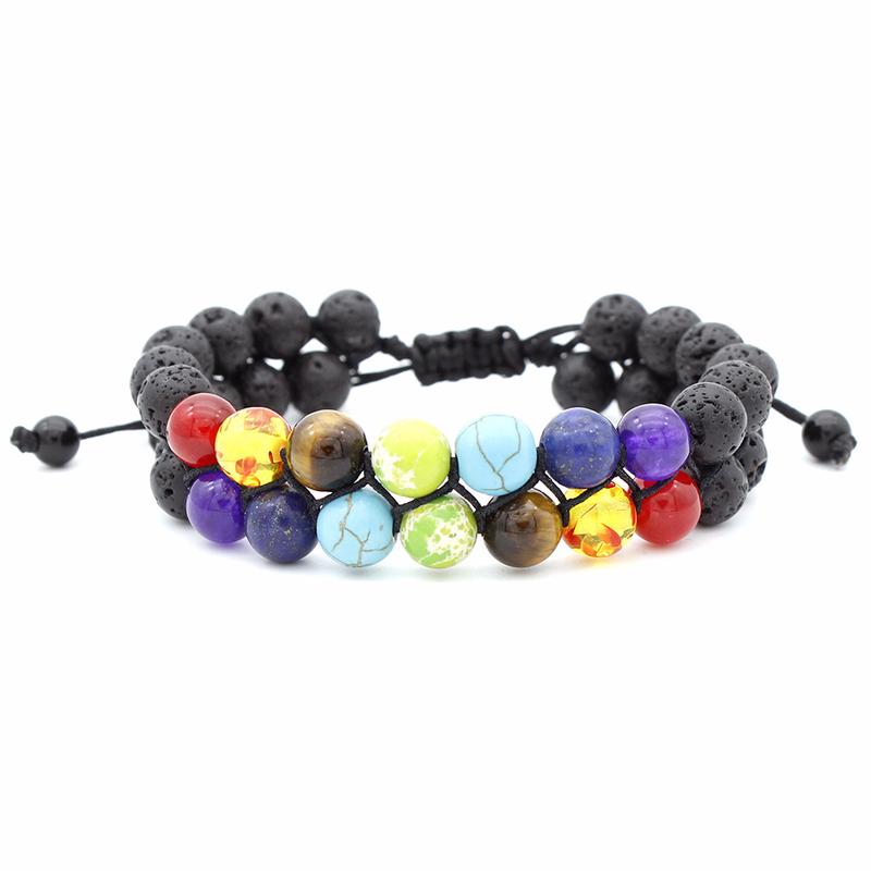 

Beaded, Strands 7 Chakra Crystal Tiger Eyes Lava Natural Stone Beads Yoga Bracelets 2 Layers Adjustable Strand For Women