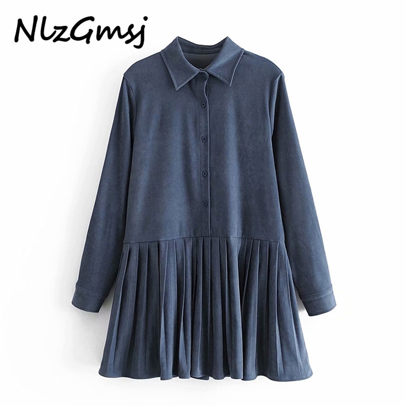 

Dres Fashion Turn Down Collar Hem Pleated Mini Shirt Office Ladies Long Sleeve Casual Business Vestido 210628, As picture