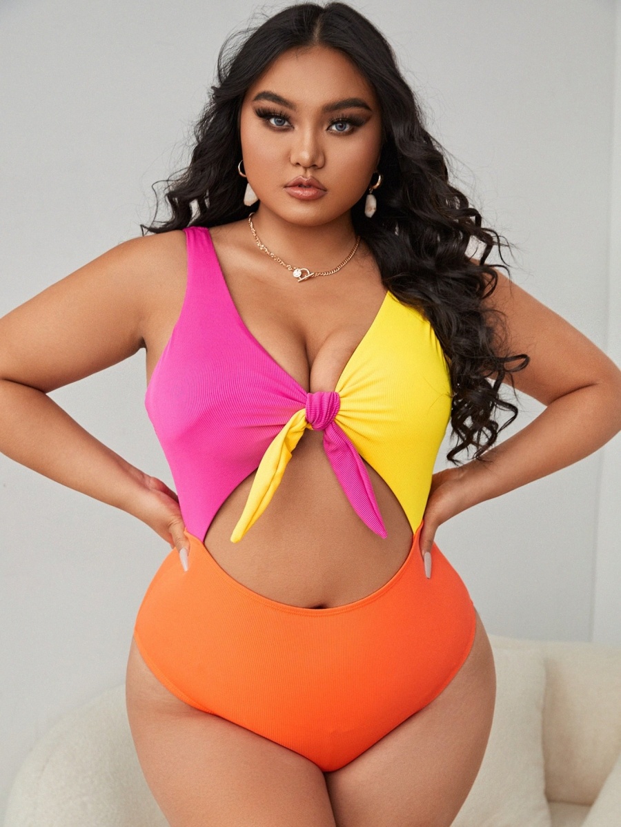 

Plus Color Block Rib Cut-out One Piece Swimsuit I8hX#, Multicolor