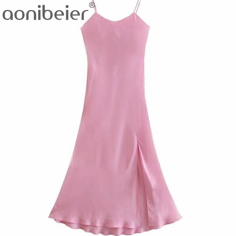 

Elegant Pink Long Maxi Dress Summer Sleeveless Split Side Women Spaghetti Strap Party Female Casual Camisole 210604