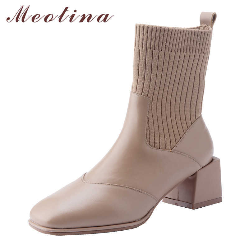 

Meotina Genuine Leather Woman Boots High Heel Ankle Boots Thick Heel Shoes Square Toe Short Boots Ladies Autumn Winter Black 43 210608, Apricot velvet lini