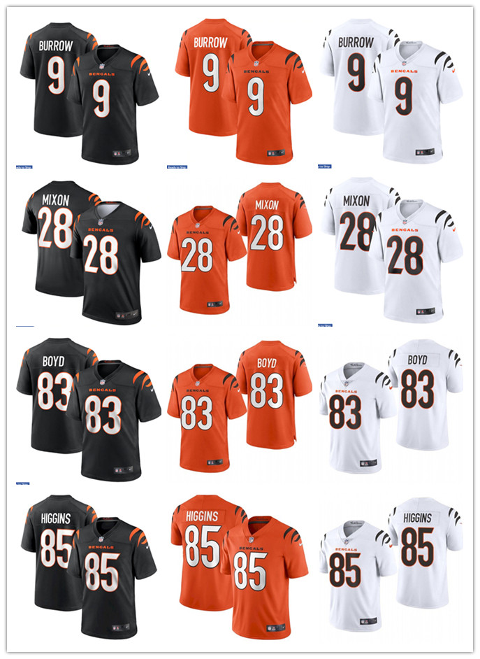 

2021 new Mens Womens Youth Cincinnati Bengals 9 Joe Burrow 83 Tyler Boyd 28 Joe Mixon 85 Tee Higgins Black Custom Football Jerseys, Black;red