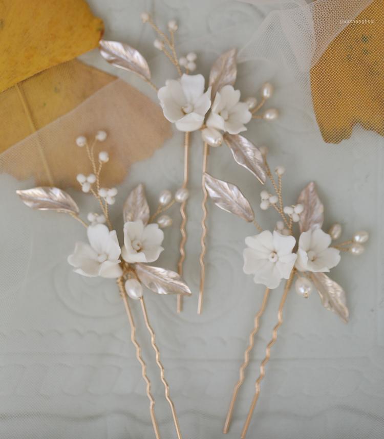 

Hair Clips & Barrettes Porcelain Flower Floral Head Pieces Pearls Pins For Brides Party Dress Hairpins Wedding Accessories Bridal Jewelry, Golden;silver
