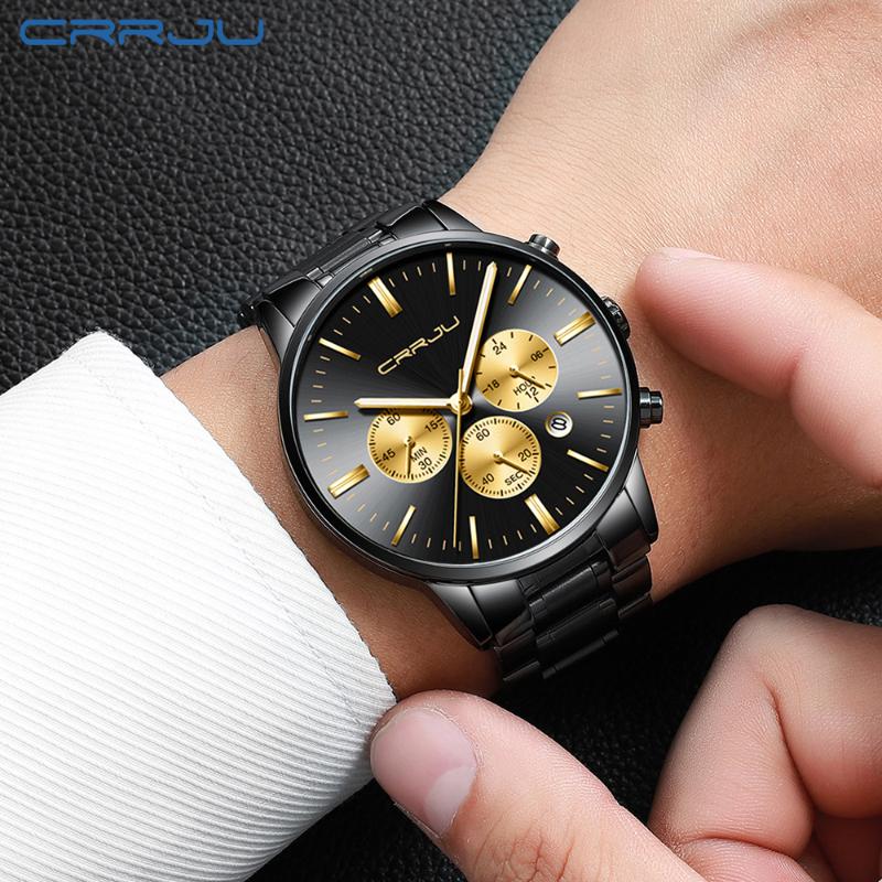 

Wristwatches CRRJU Men Stainless Steel Military Sport Watches Mens Chronograph Analog Watch Waterproof Quartz Male Clock Relogio Masculino, Leather black gold