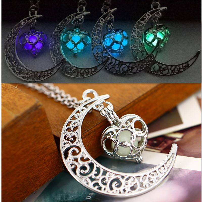 

Pendant Necklaces Fluorescence Necklace Women Moon Love Heart Night Jewelry Glow In The Dark With 48cm Chain Blue Green Purple