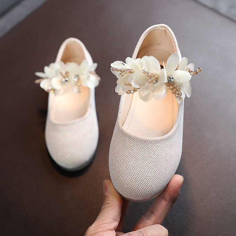 

2021 New Solid Girls Rhinestone Flower Flats Children Shoes Korean Leather Shoes Girls Dance Shoes Princess Sweet Wedding X0703, White