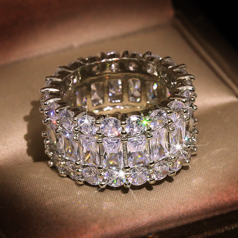 

Luxury Sparkling 3 Rows Full Clear Round CZ Wedding Ring Rectangle Cubic Zirconia Engagement Ring for women